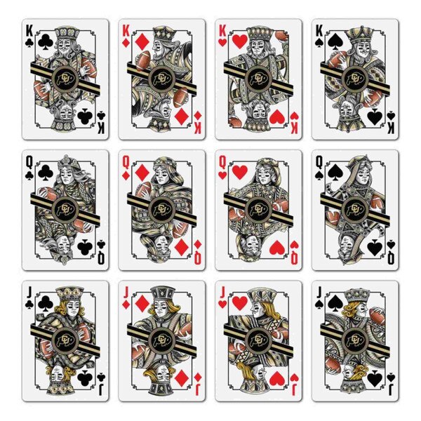 CU Buffaloes face cards featuring kings, queens, and jacks in team-themed uniforms with black and gold CU logos.
